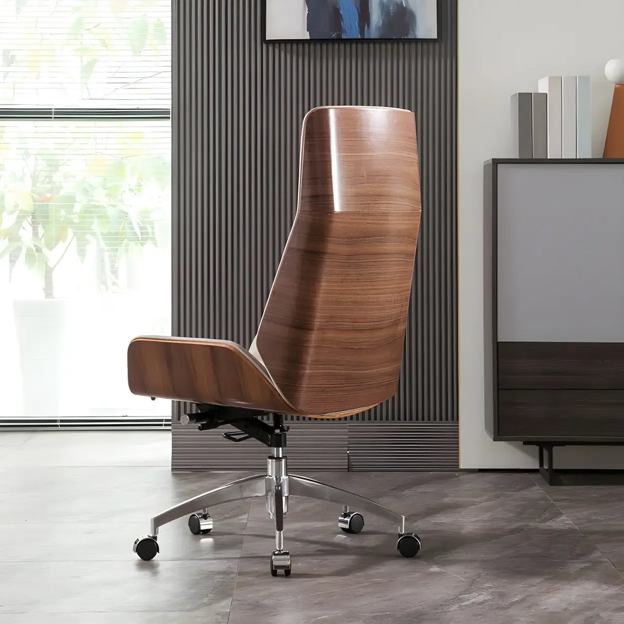 Wood Shell High Back Leather Upholstered Swivel Office Chair Image - 8