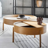 Wood Tray Top Round Storage Three Leg Coffee Table Image - 6