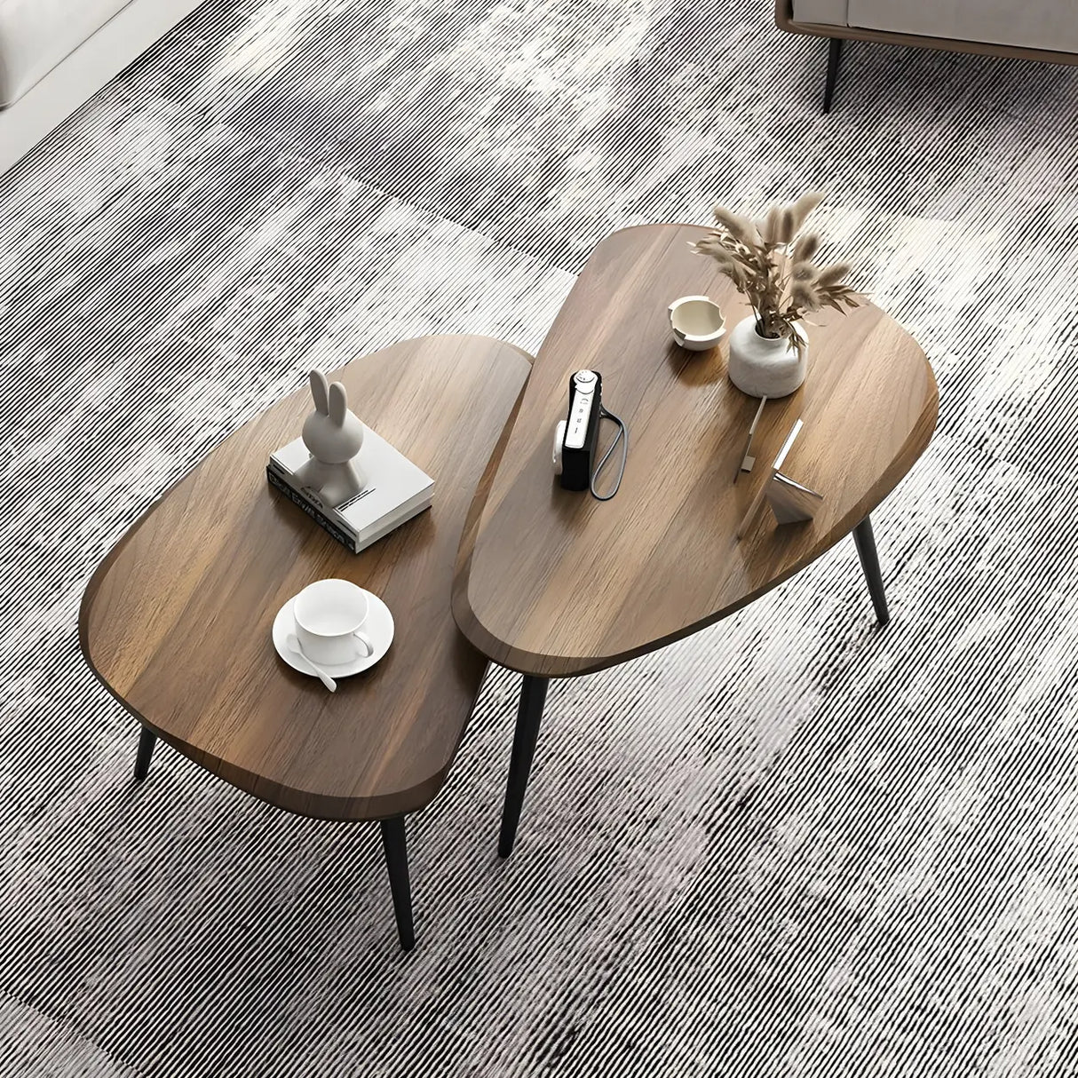 Wood Triangle Shape Coffee Table with Metal Three-Leg Image - 1