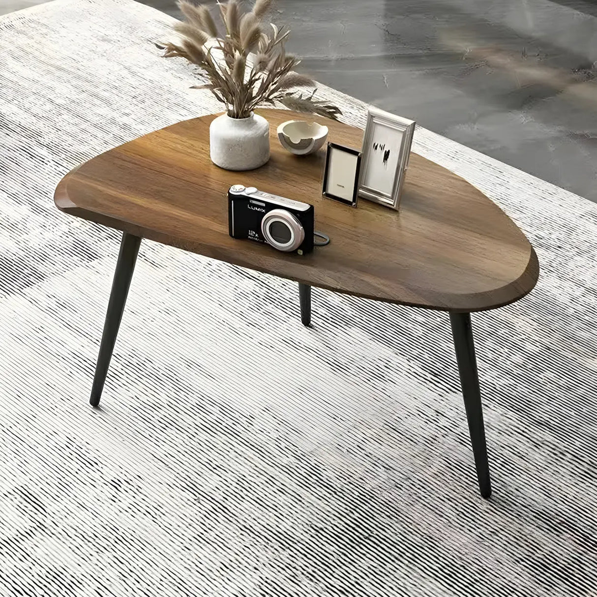 Wood Triangle Shape Coffee Table with Metal Three-Leg Image - 2