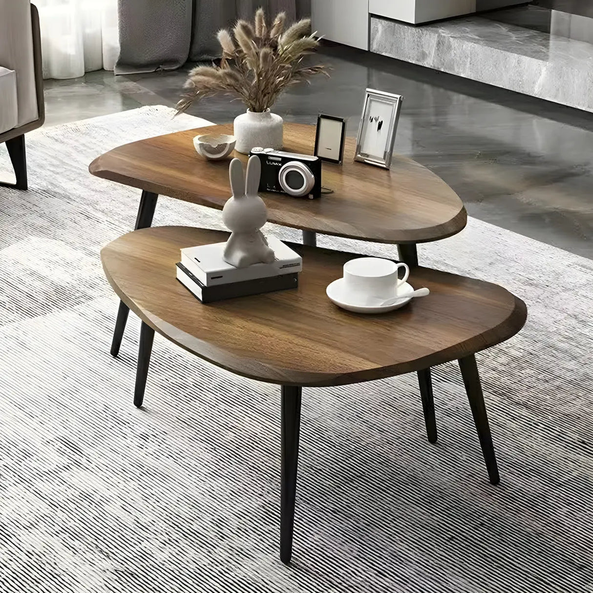 Wood Triangle Shape Coffee Table with Metal Three-Leg Image - 3