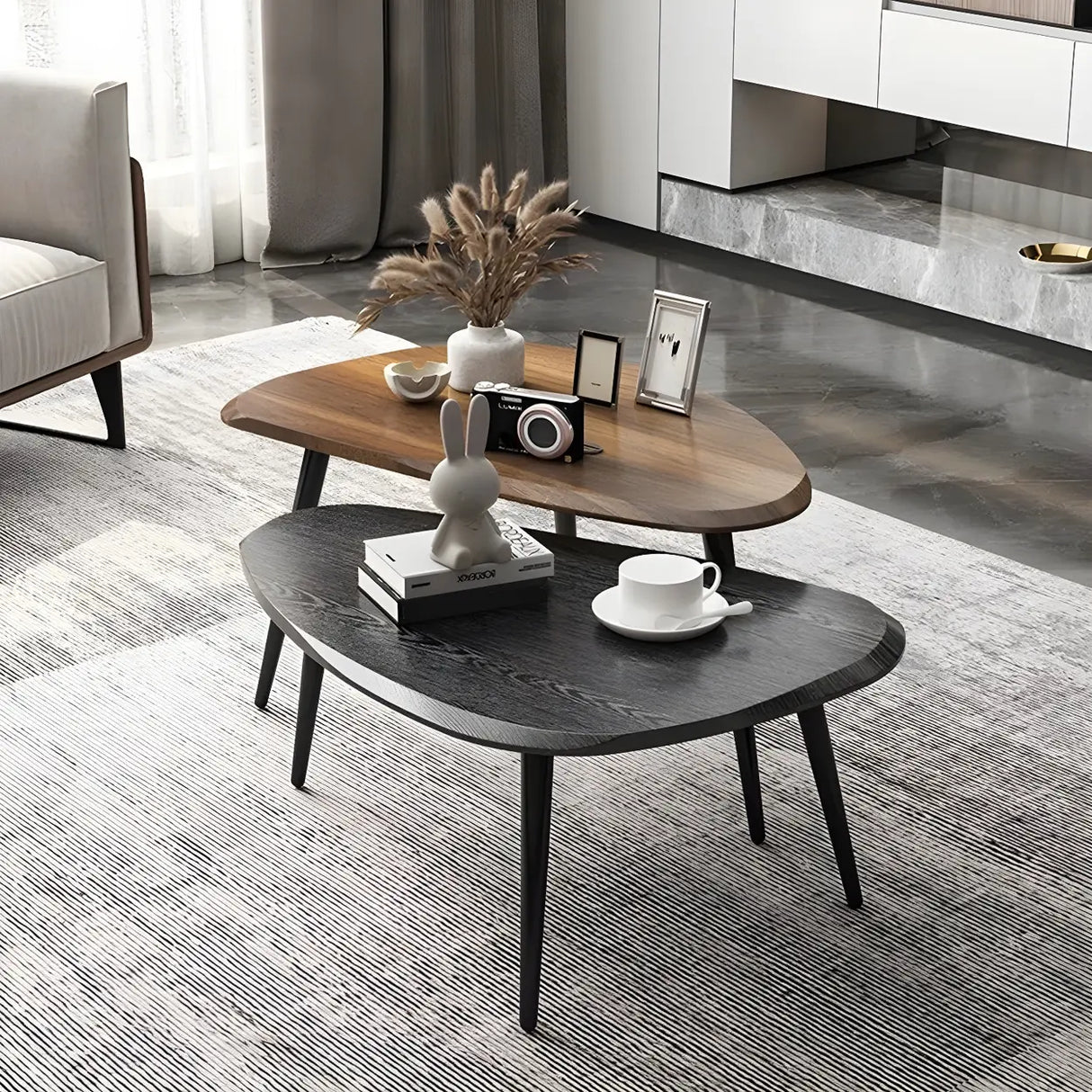 Wood Triangle Shape Coffee Table with Metal Three-Leg Image - 6