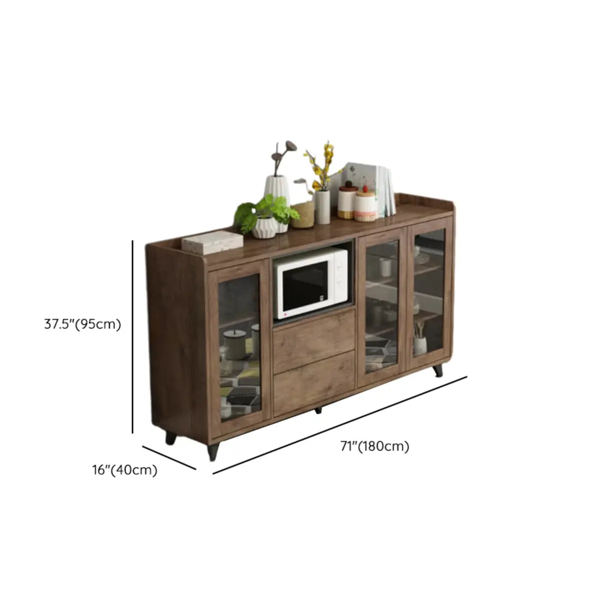 Wooden Brown Glass Doors Freestanding Floor Buffet Image - 23