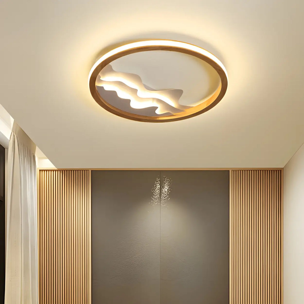 Wooden Circle Mountain LED Flush Mount Ceiling Light Image - 12