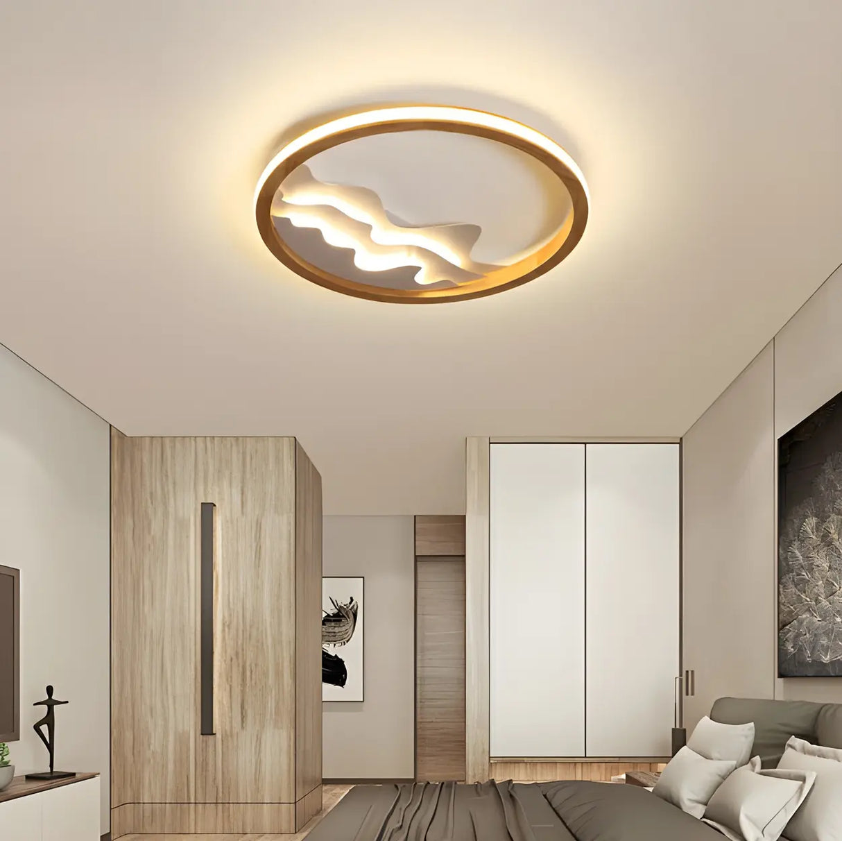 Wooden Circle Mountain LED Flush Mount Ceiling Light Image - 13