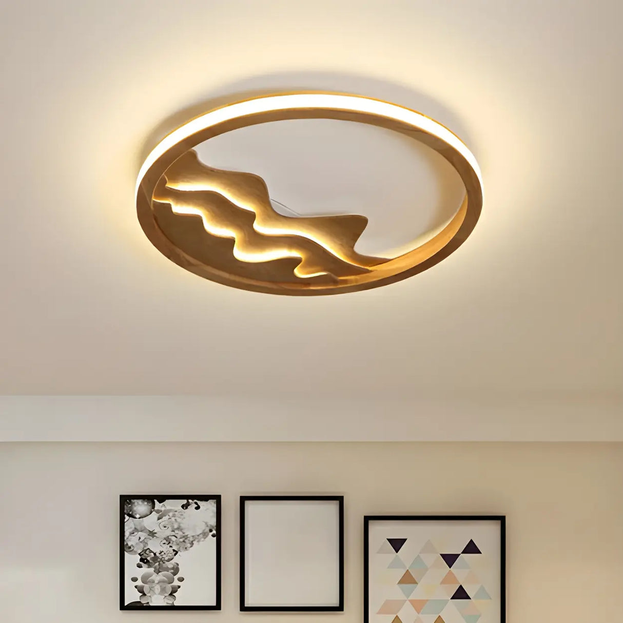 Wooden Circle Mountain LED Flush Mount Ceiling Light Image - 14