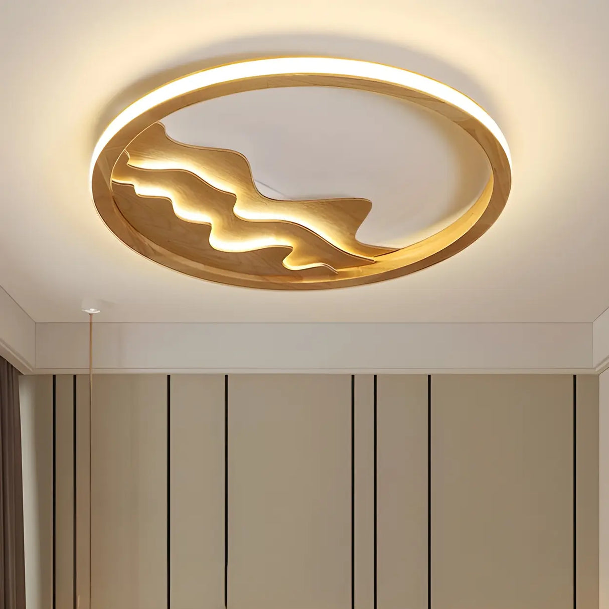 Wooden Circle Mountain LED Flush Mount Ceiling Light Image - 3