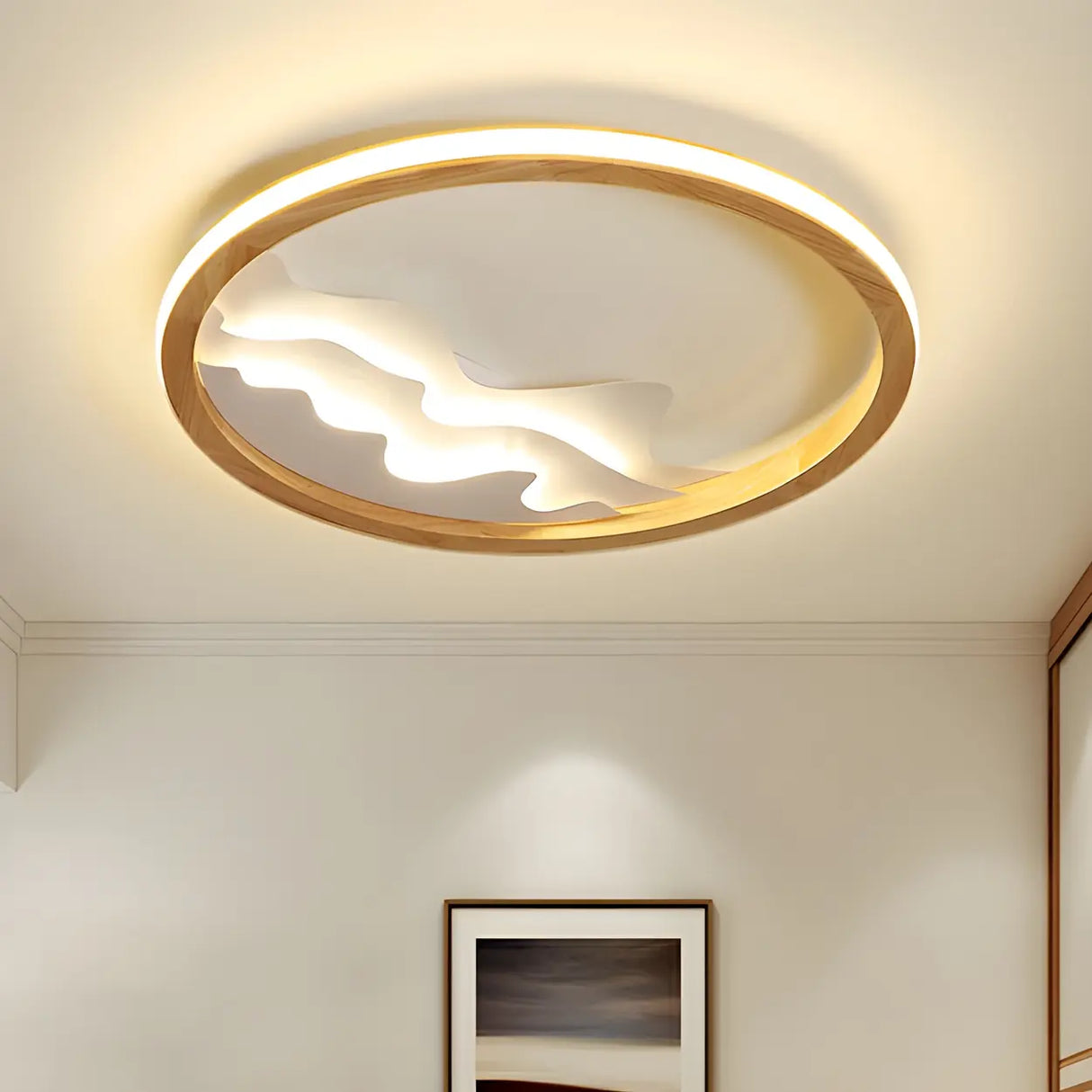 Wooden Circle Mountain LED Flush Mount Ceiling Light Image - 4