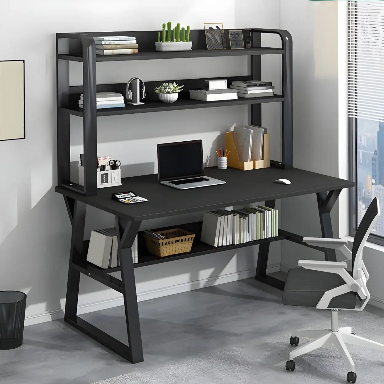 Wooden Credenza Desk with Hutch and Exterior Shelf Image - 1