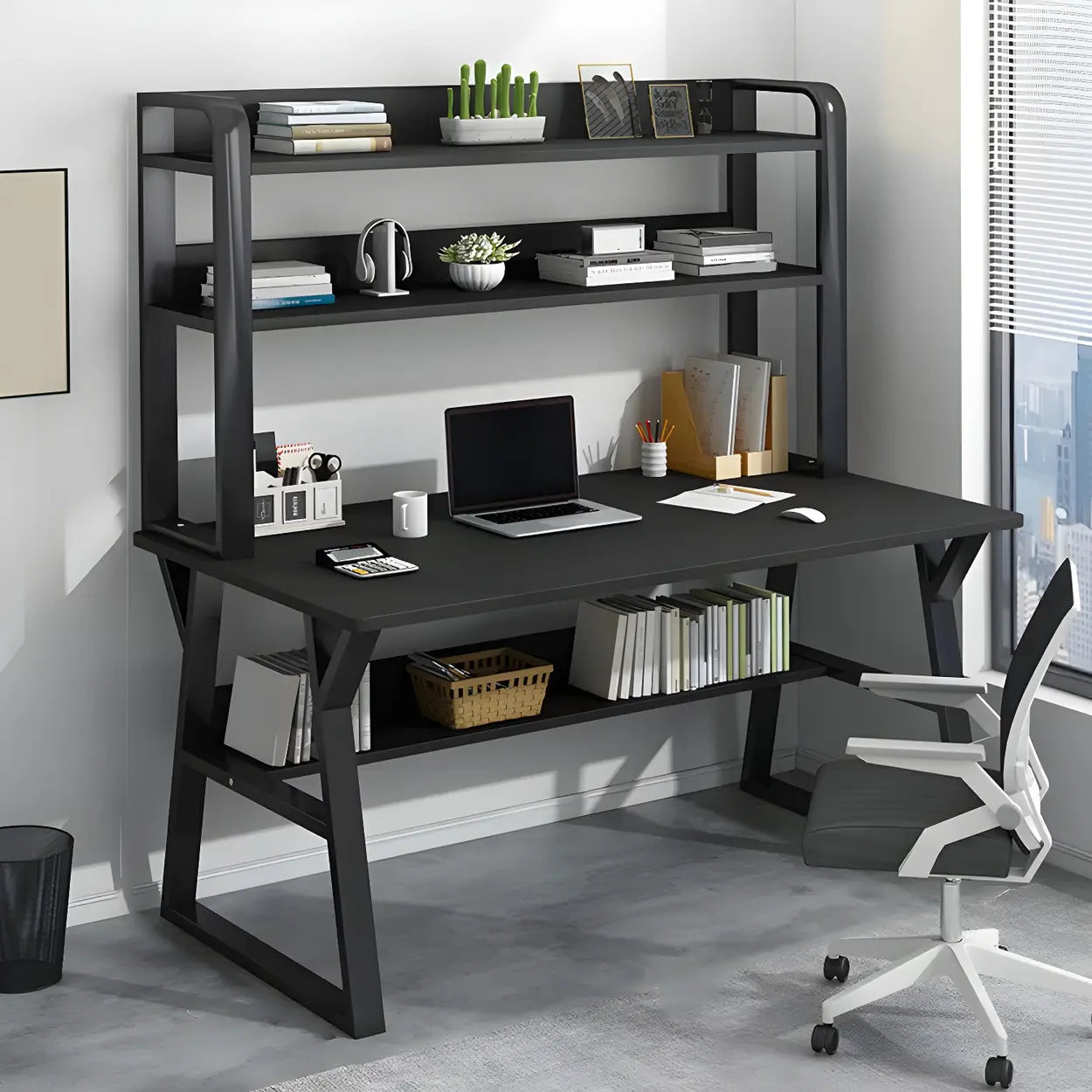 Wooden Credenza Desk with Hutch and Exterior Shelf Image - 2