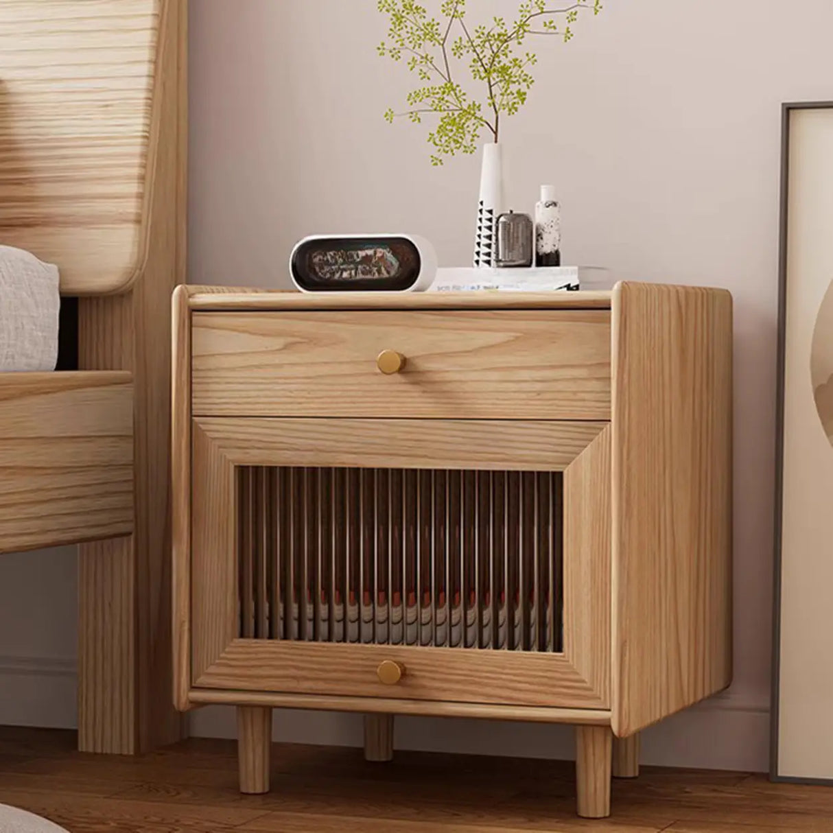 Wooden Four-Leg Kids Nightstand with Drawer and Shelf Image - 4