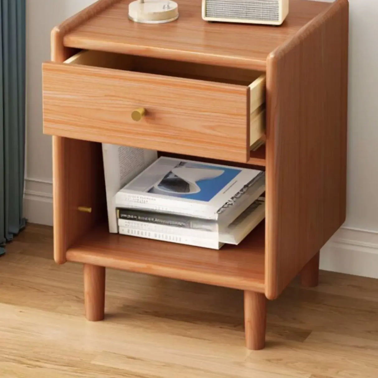 Wooden Four-Leg Kids Nightstand with Drawer and Shelf Image - 8