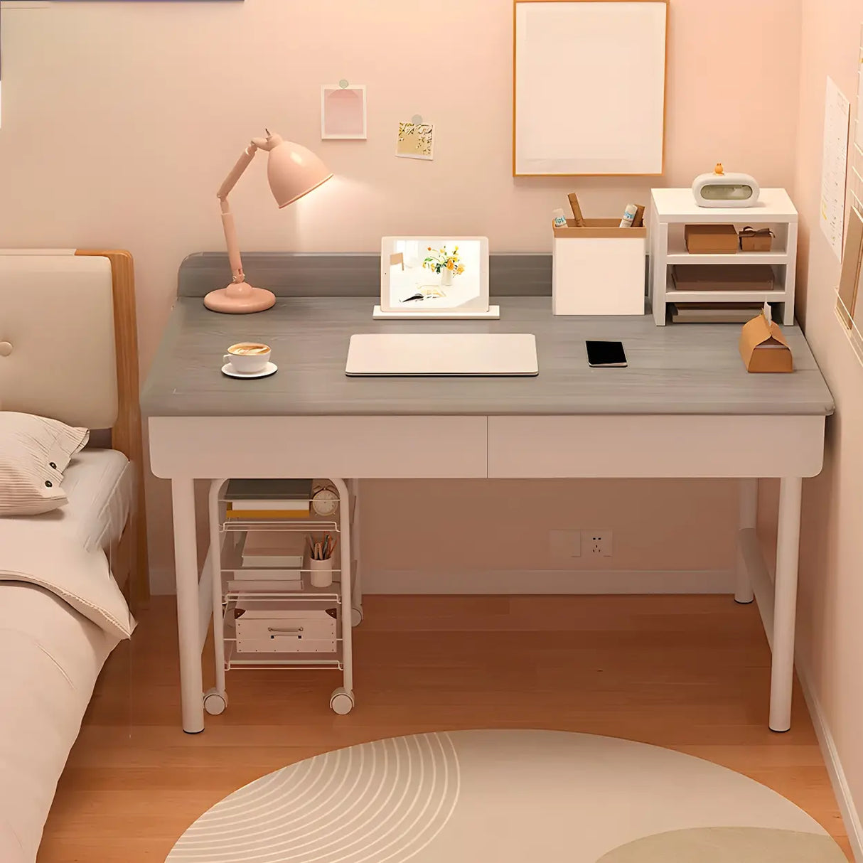 Wooden H-Shape Base Home Writing Desk with Drawers Image - 2