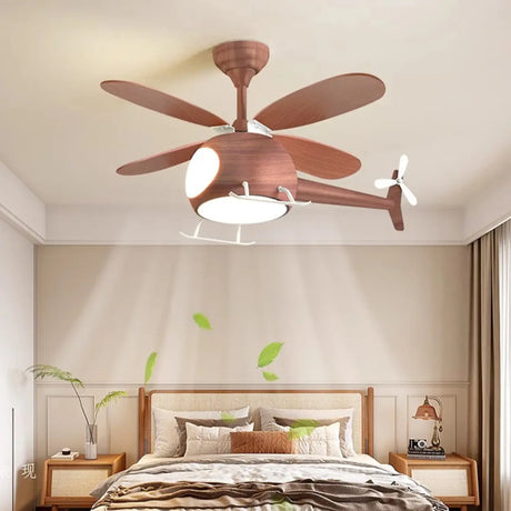 Wooden Helicopter Kids Ceiling Fan Light with Eye-Care Image - 1