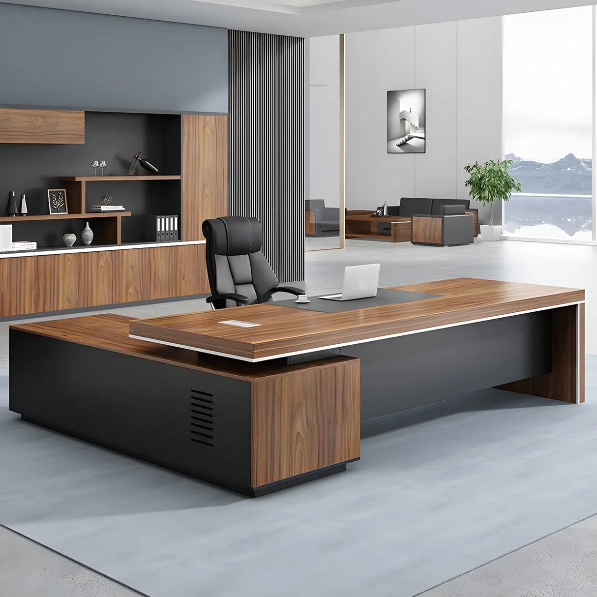 Wooden L-Shape Executive Desk with Drawers and Storage Image - 1