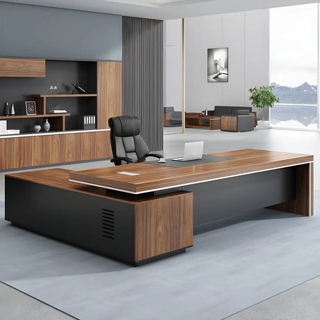Wooden L-Shape Executive Desk with Drawers and Storage Image - 1
