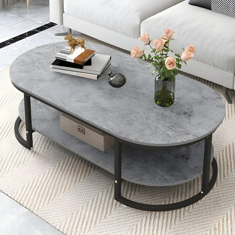 Wooden Oval Double Pedestal Coffee Table with Shelves Image - 1