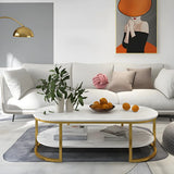 Wooden Oval Double Pedestal Coffee Table with Shelves Image - 15
