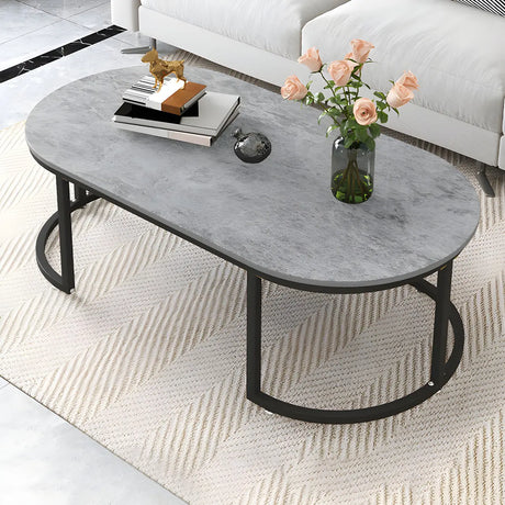Wooden Oval Double Pedestal Coffee Table with Shelves Image - 2