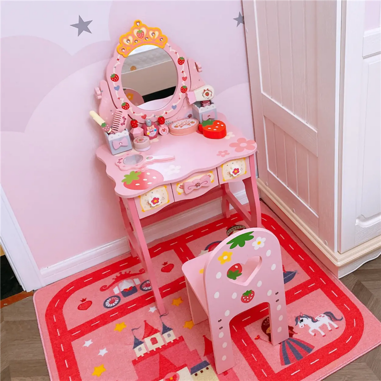 Wooden Pink Princess Storage Kids Vanity Set with Mirror Image - 1
