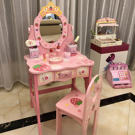 Wooden Pink Princess Storage Kids Vanity Set with Mirror Image - 2