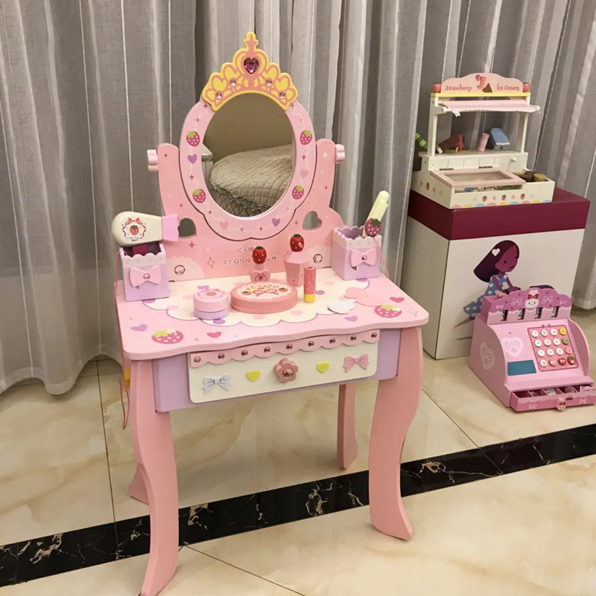 Wooden Pink Princess Storage Kids Vanity Set with Mirror Image - 4