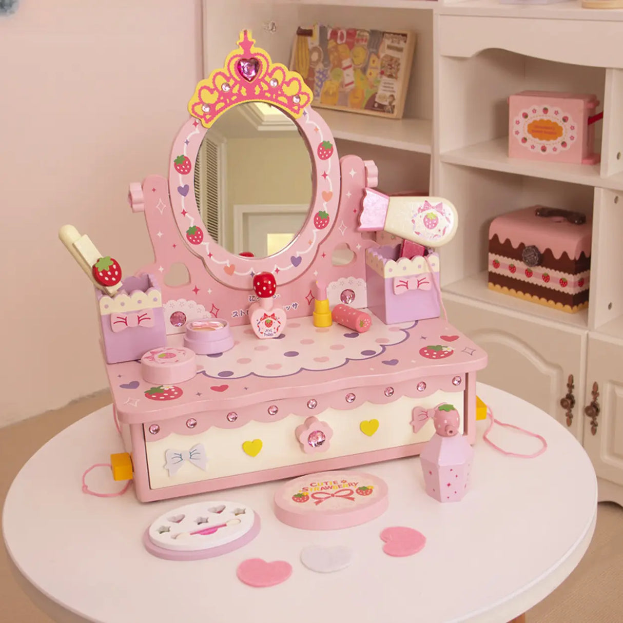 Wooden Pink Princess Storage Kids Vanity Set with Mirror Image - 5