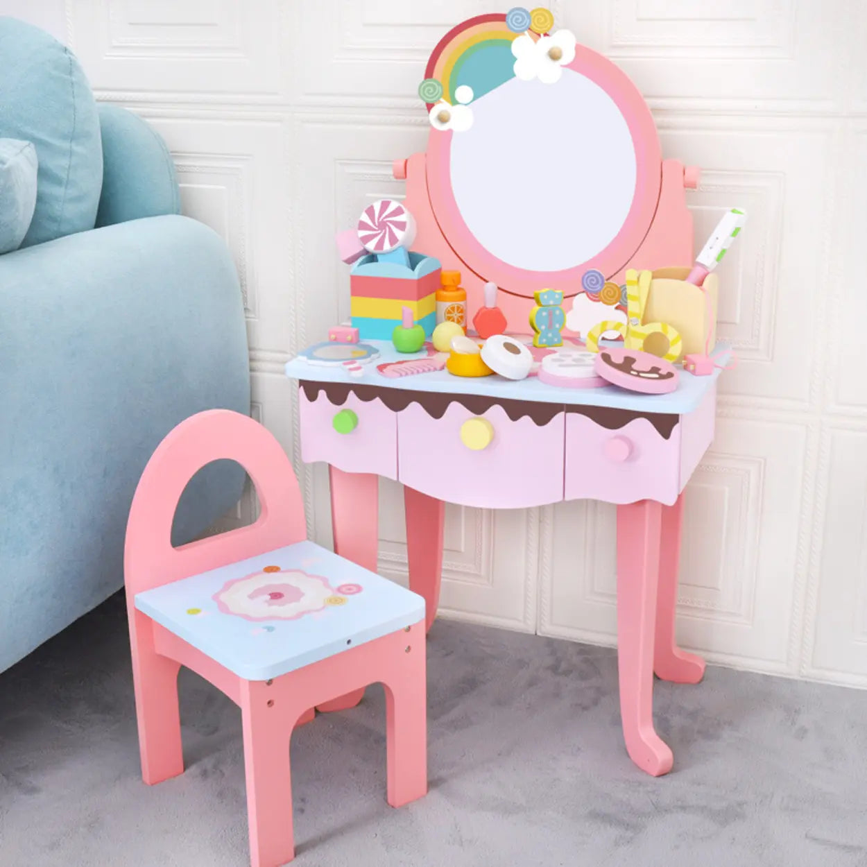 Wooden Pink Rainbow Kids Vanity Set with Storage Drawers Image - 1