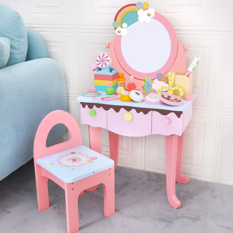 Wooden Pink Rainbow Kids Vanity Set with Storage Drawers Image - 1