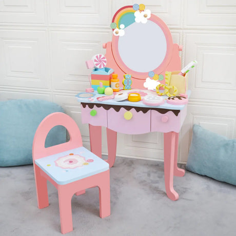 Wooden Pink Rainbow Kids Vanity Set with Storage Drawers Image - 2