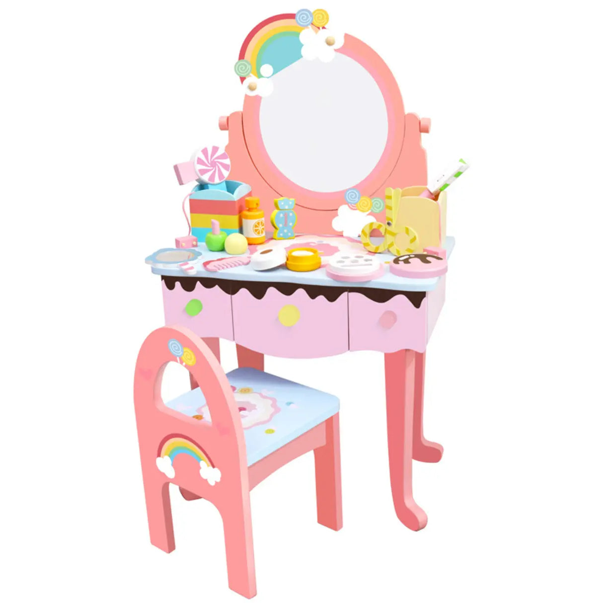 Wooden Pink Rainbow Kids Vanity Set with Storage Drawers Image - 5