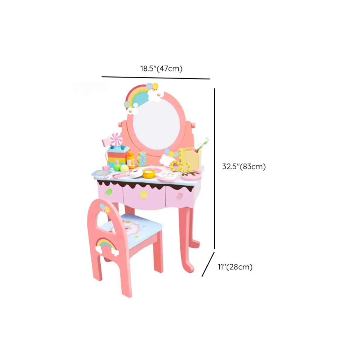 Wooden Pink Rainbow Kids Vanity Set with Storage Drawers 