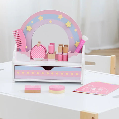 Wooden Rainbow Pink Mirror Kids Vanity with Storage Image - 1