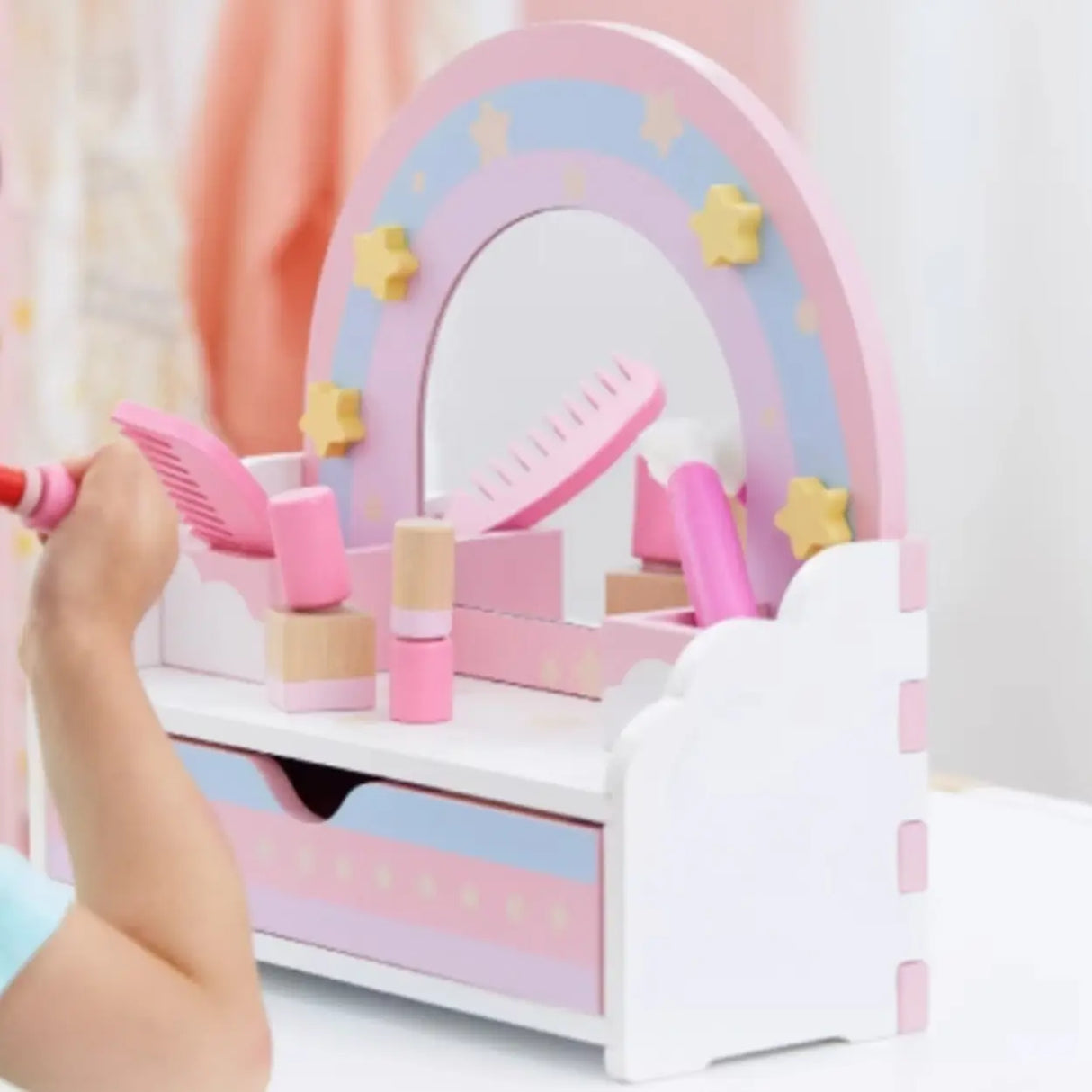 Wooden Rainbow Pink Mirror Kids Vanity with Storage Image - 2