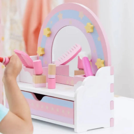 Wooden Rainbow Pink Mirror Kids Vanity with Storage Image - 2