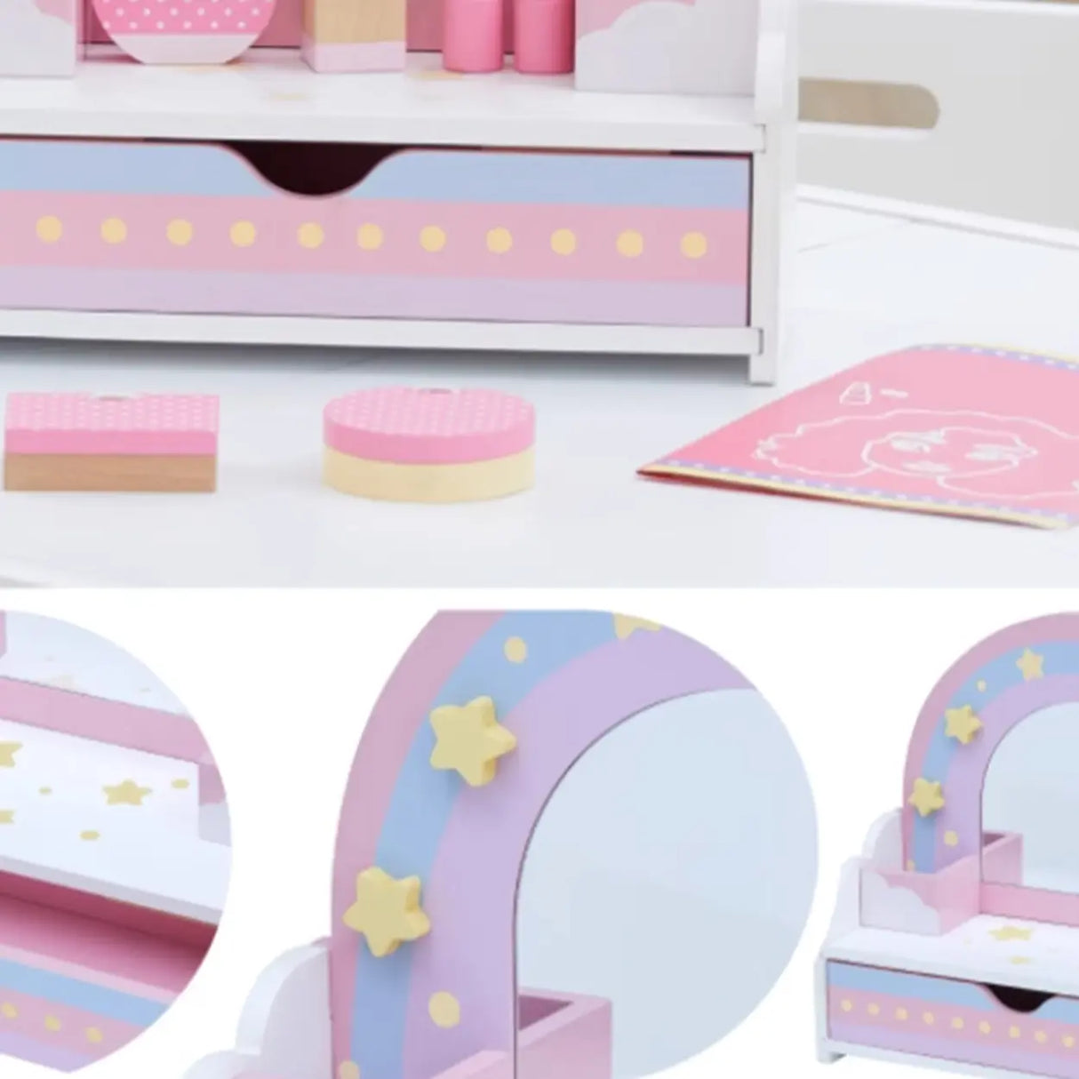 Wooden Rainbow Pink Mirror Kids Vanity with Storage Image - 3