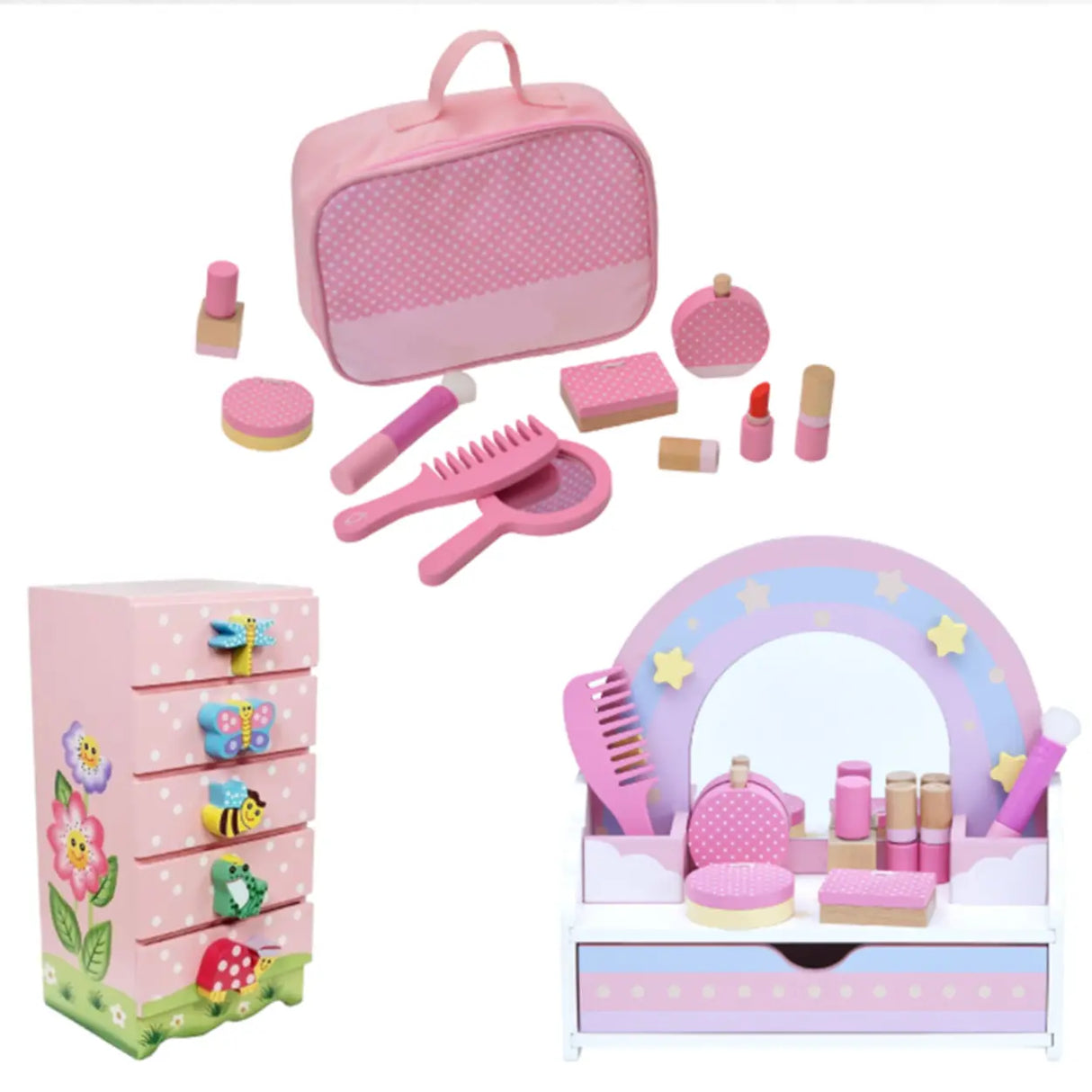 Wooden Rainbow Pink Mirror Kids Vanity with Storage Image - 4