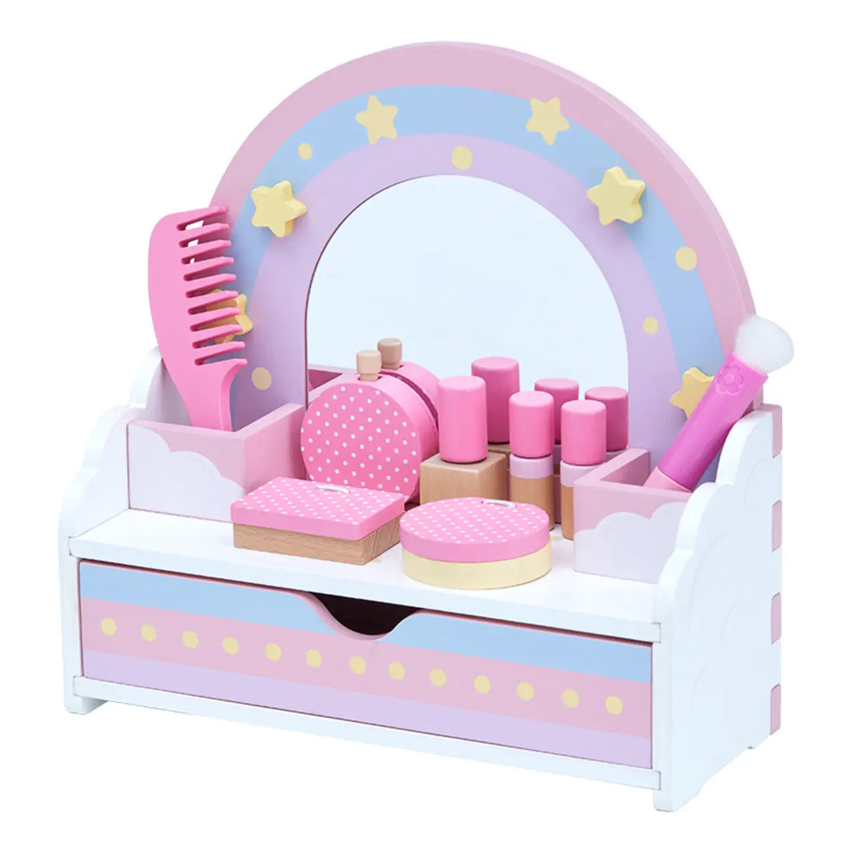 Wooden Rainbow Pink Mirror Kids Vanity with Storage Image - 5