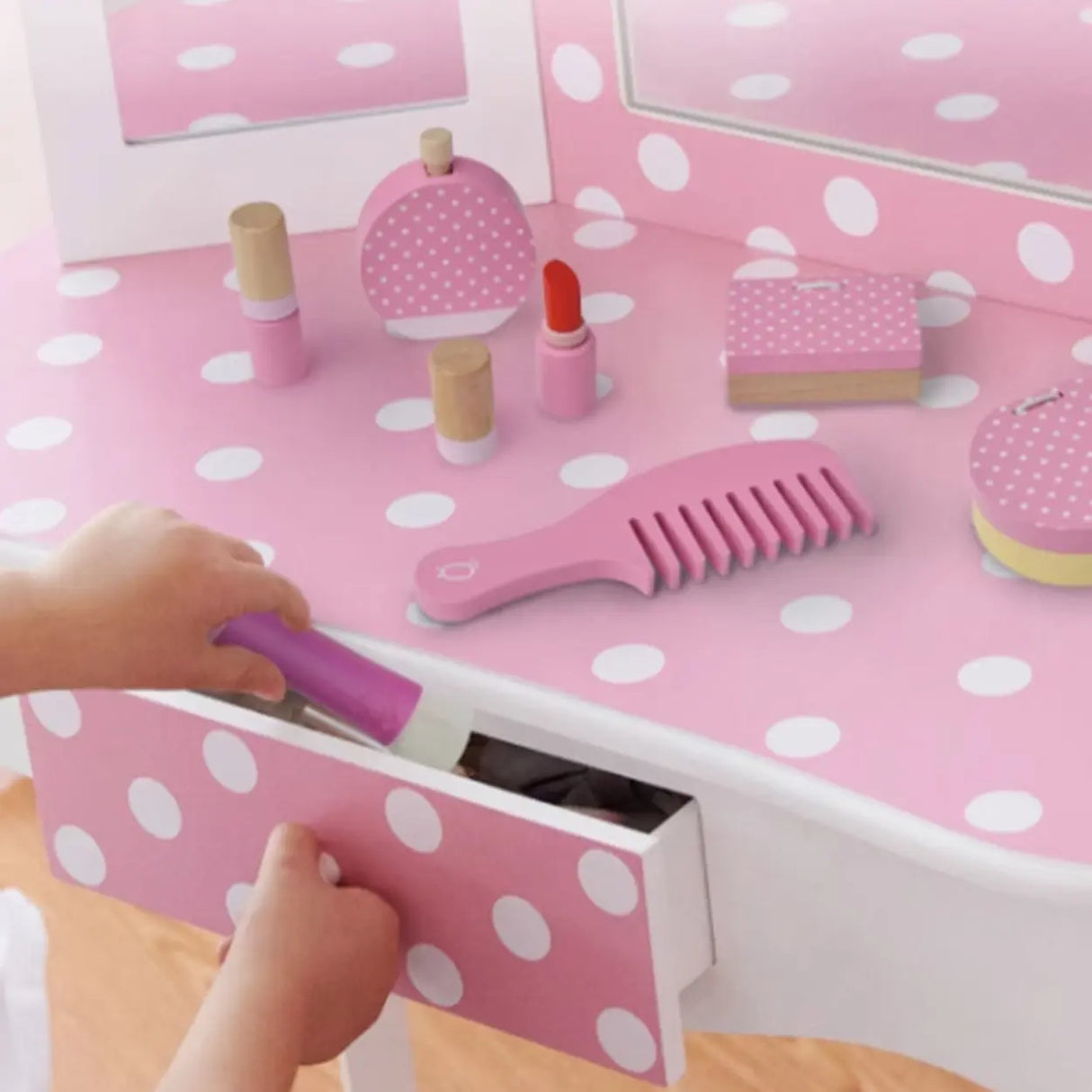 Wooden Rainbow Pink Mirror Kids Vanity with Storage Image - 6