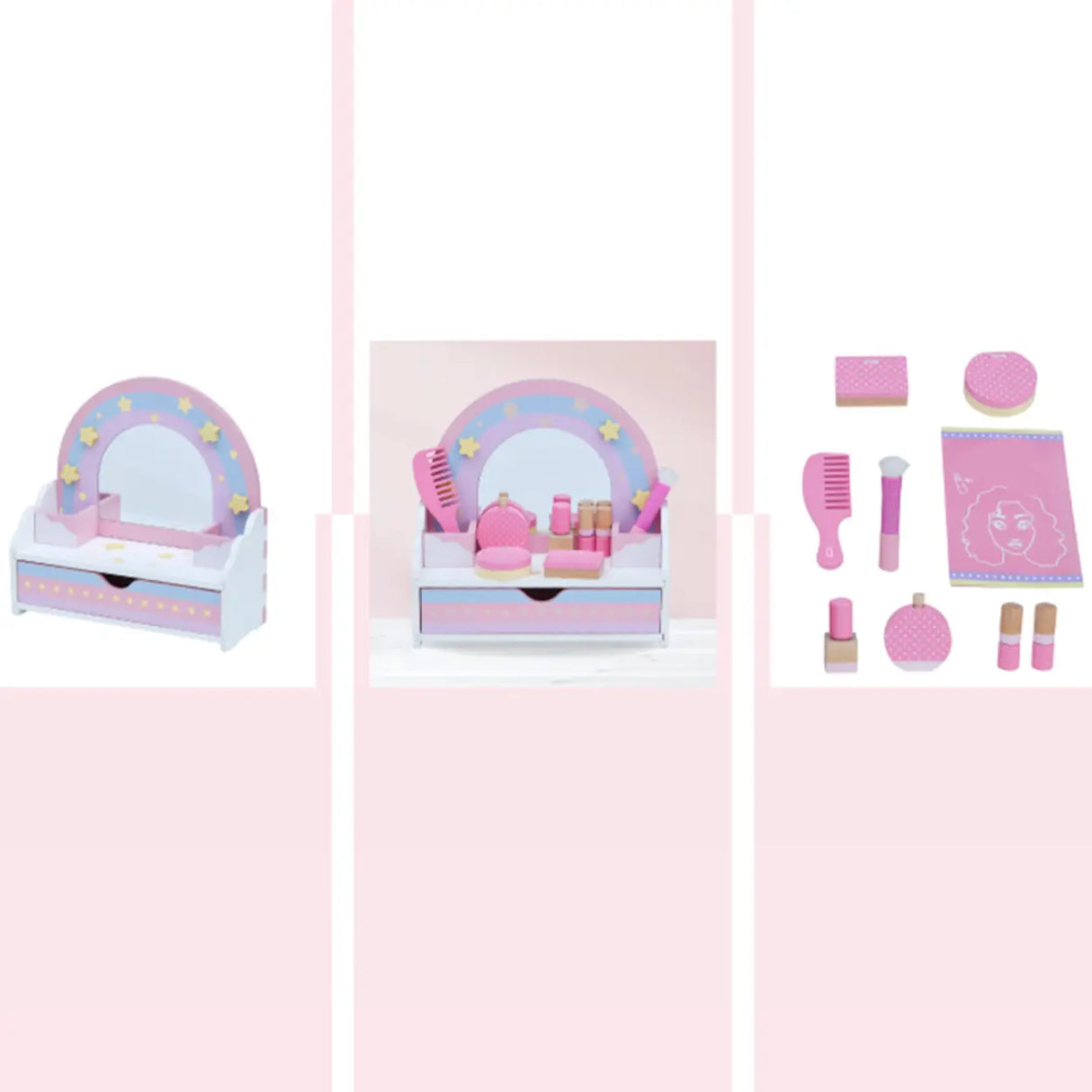 Wooden Rainbow Pink Mirror Kids Vanity with Storage Image - 8