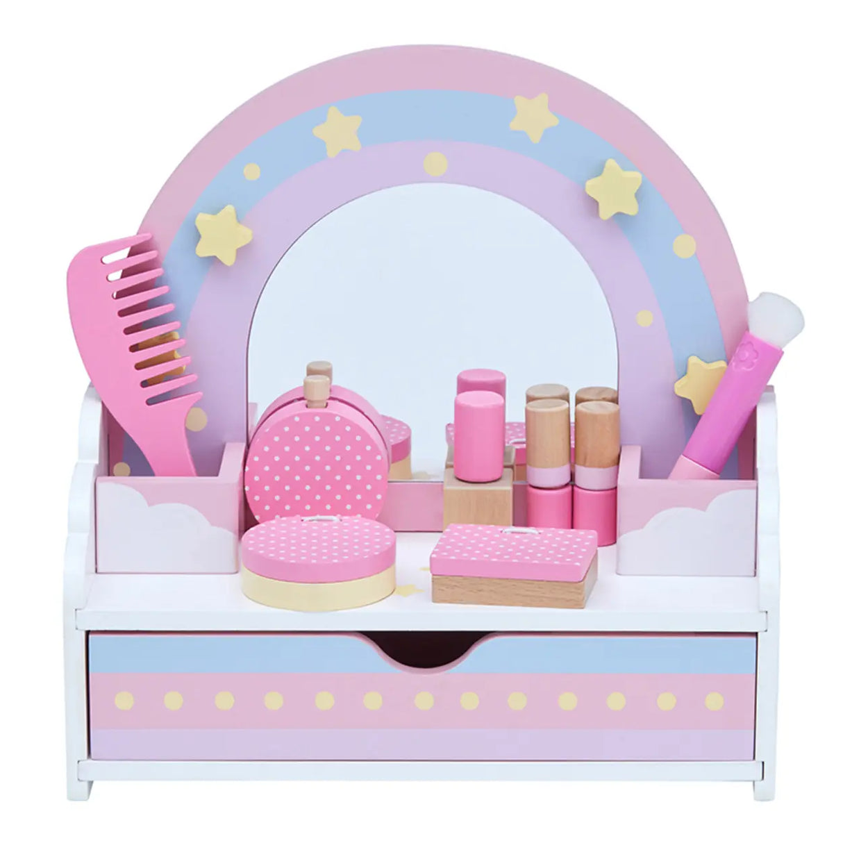 Wooden Rainbow Pink Mirror Kids Vanity with Storage Image - 9