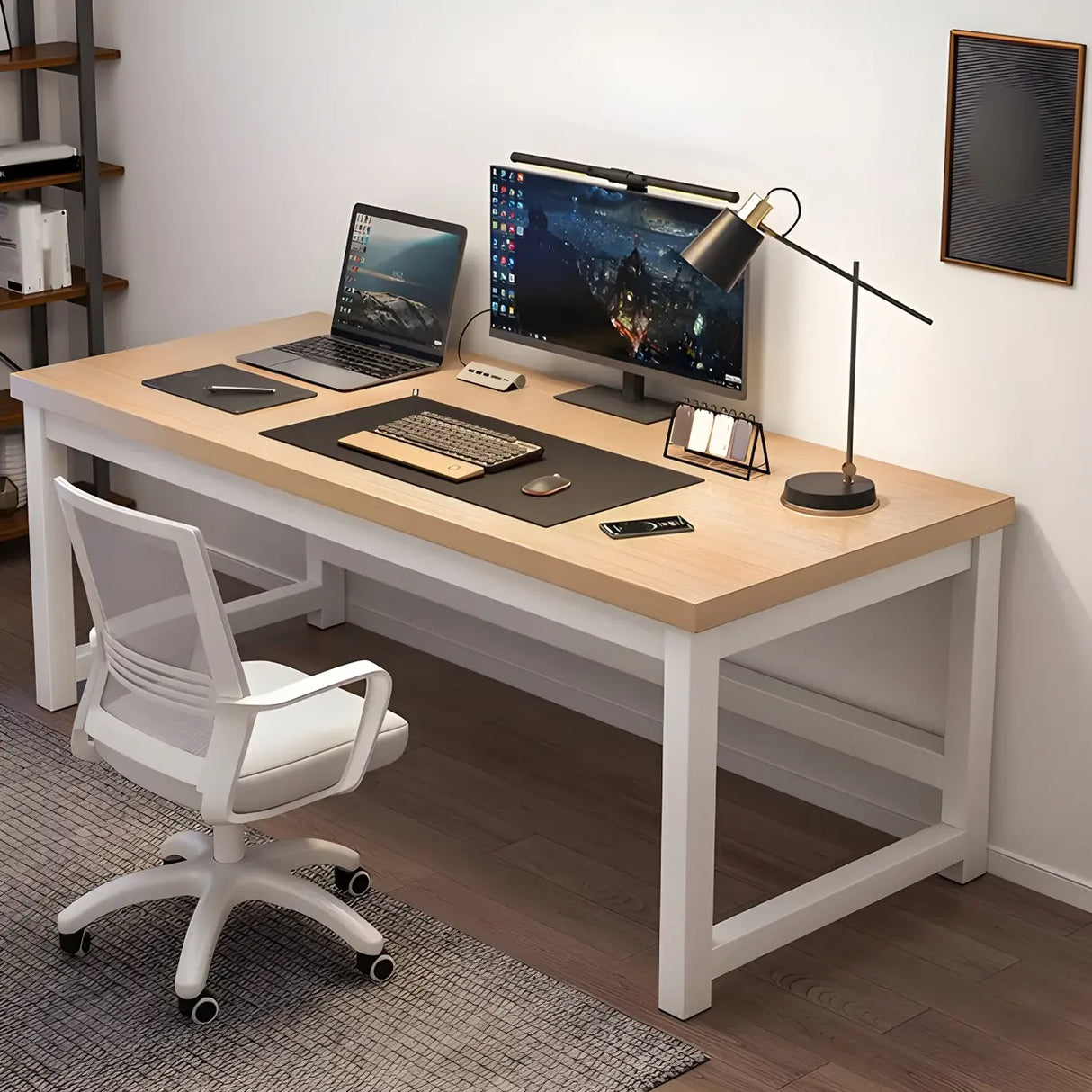Wooden Rectangular Metal H-Shape Base Writing Desk Image - 3