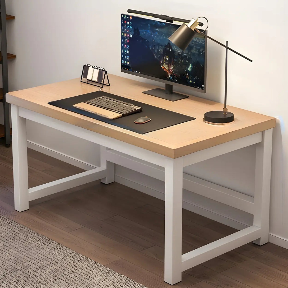 Wooden Rectangular Metal H-Shape Base Writing Desk Image - 5