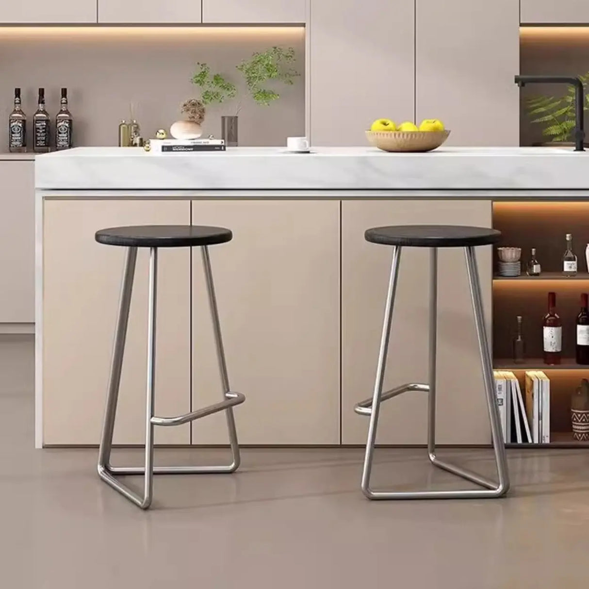 Wooden Round Metal Tripod Base Bar Stool with Footrest Image - 4