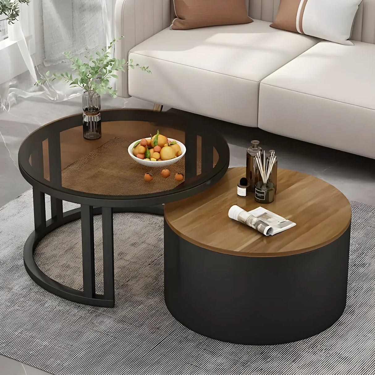 Wooden Stone Round Storage Nesting Coffee Tables Image - 21
