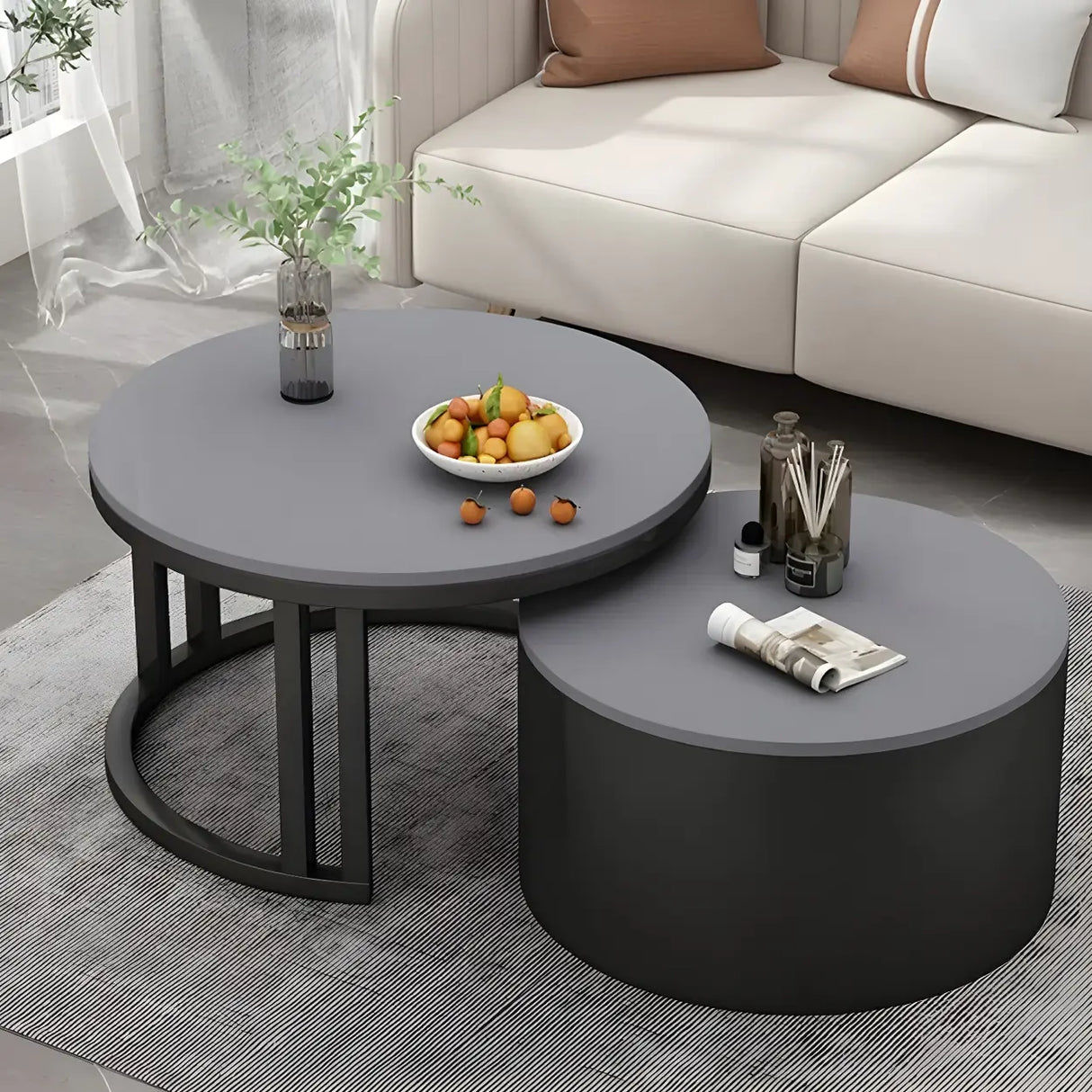 Wooden Stone Round Storage Nesting Coffee Tables Image - 3