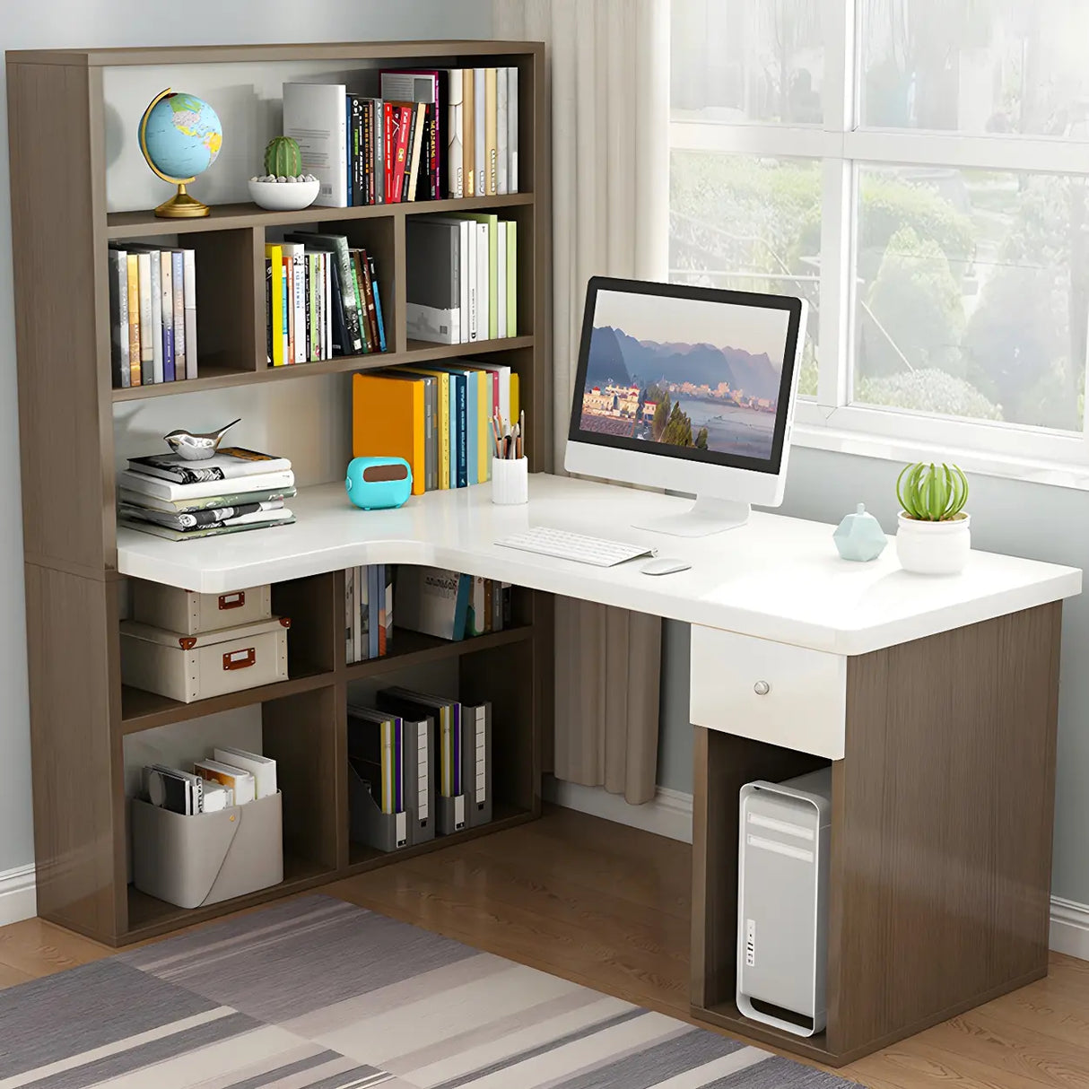 Wooden Storage Writing Desk with Shelves and Drawers Image - 4