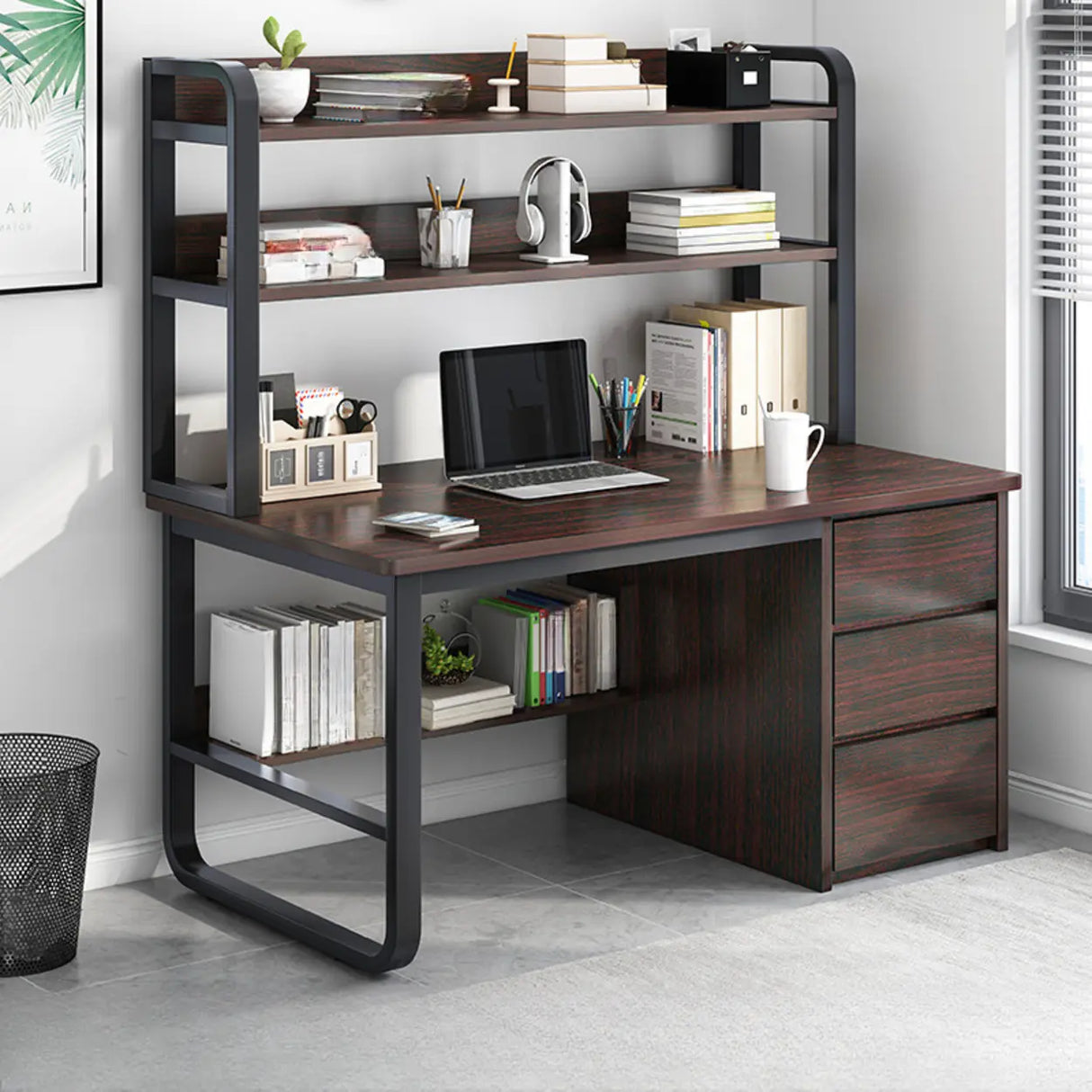 Writing Desk Rectangular Composite Wood Gray Storage 2-Person Image - 13