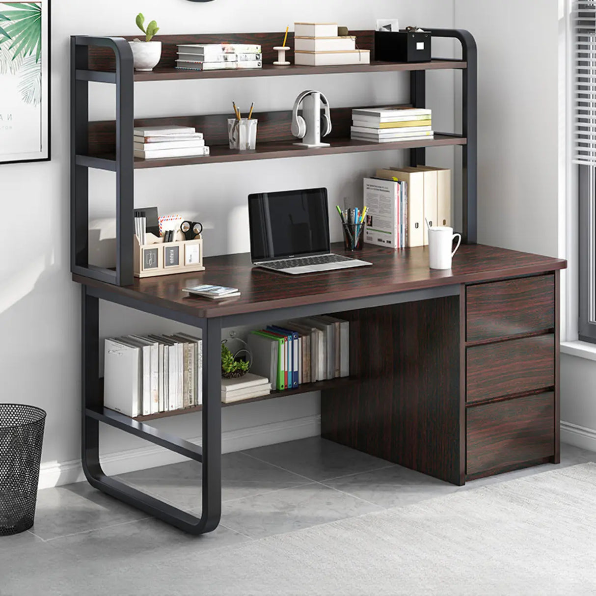 Writing Desk Rectangular Composite Wood Gray Storage 2-Person Image - 15
