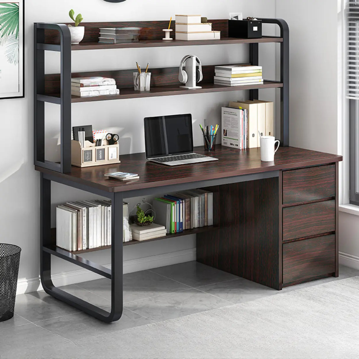 Writing Desk Rectangular Composite Wood Gray Storage 2-Person Image - 17